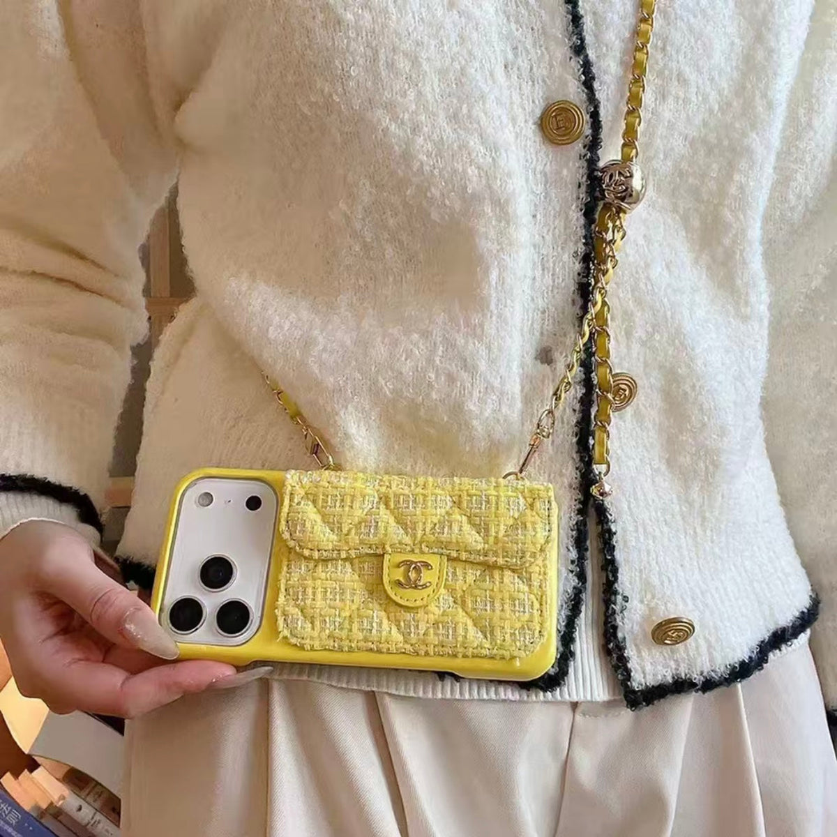Chanel Style Quilted Wallet Phone Case With Adjustable Chain Crossbody Strap