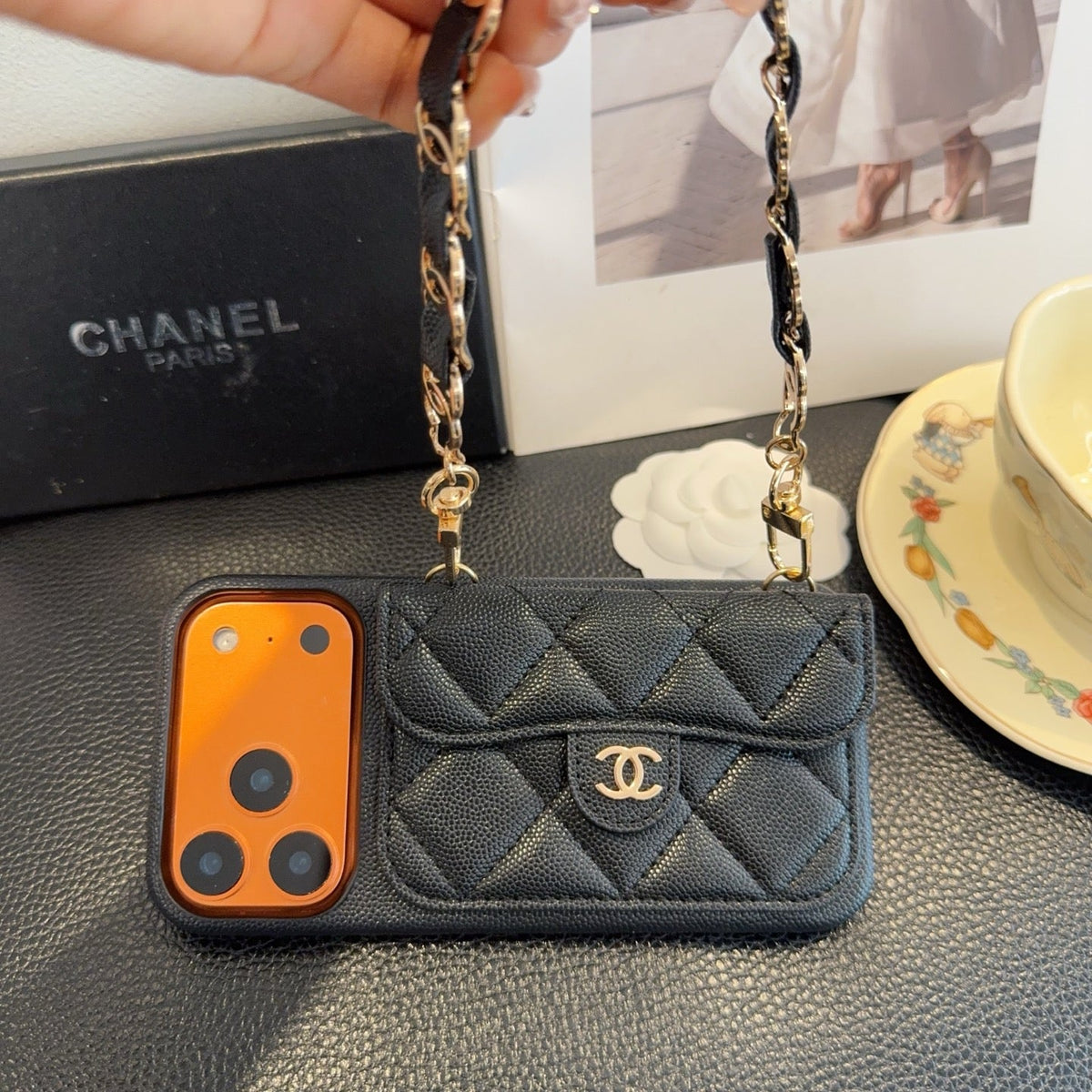 Chanel Quilted Caviar Leather Card Holder Chain Strap Luxury Phone Case