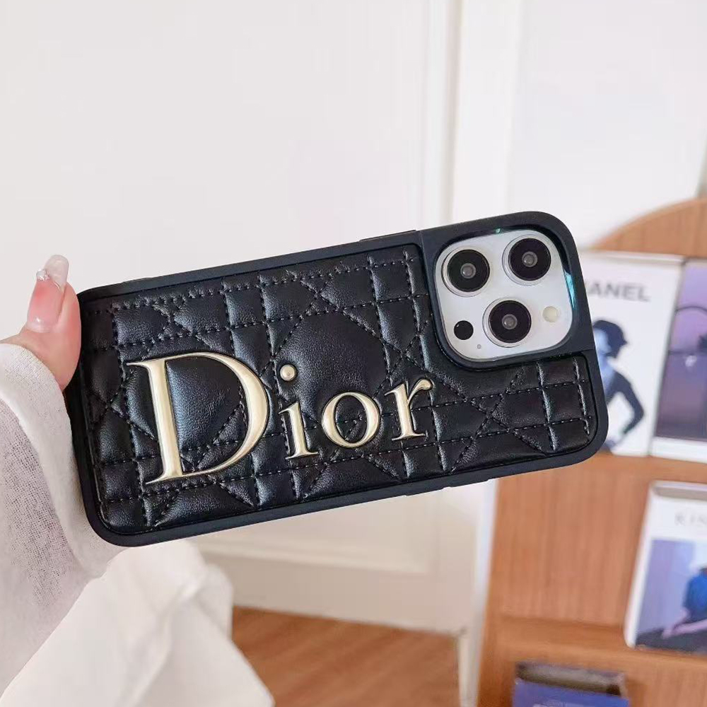 Dior Classic Quilted Leather 3D Gold Logo Luxury Shockproof Phone Case
