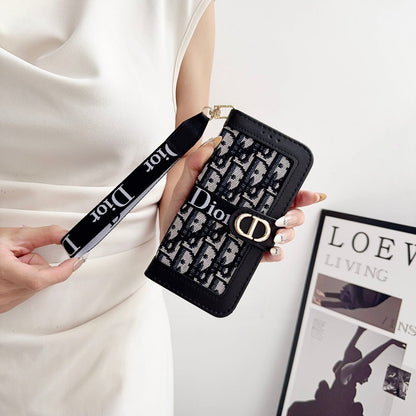 Dior Oblique Monogram Flip Wallet Phone Case With Brand Wrist Strap