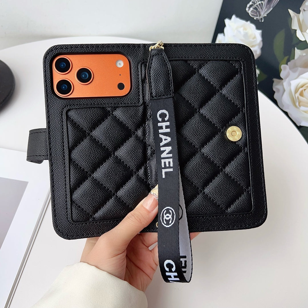 Chanel Style Diamond Quilted Leather Flip Wallet Phone Case with Wrist Strap