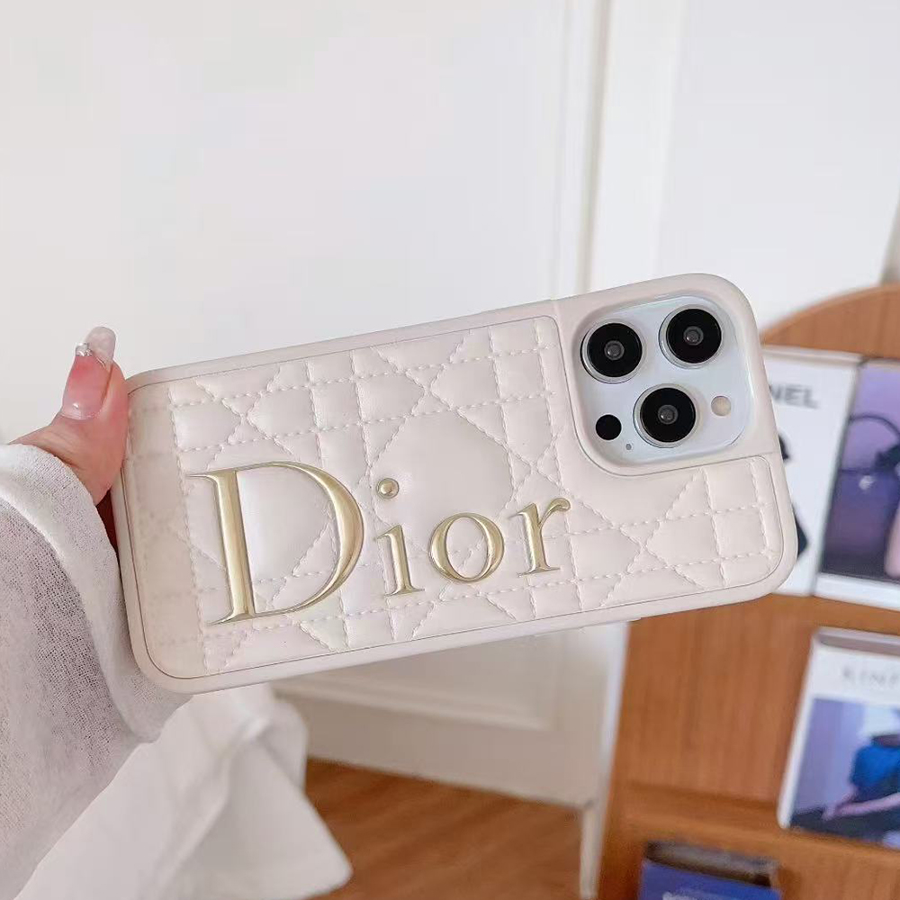 Dior Classic Quilted Leather 3D Gold Logo Luxury Shockproof Phone Case