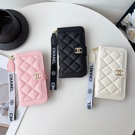 Chanel Style Diamond Quilted Leather Flip Wallet Phone Case with Wrist Strap