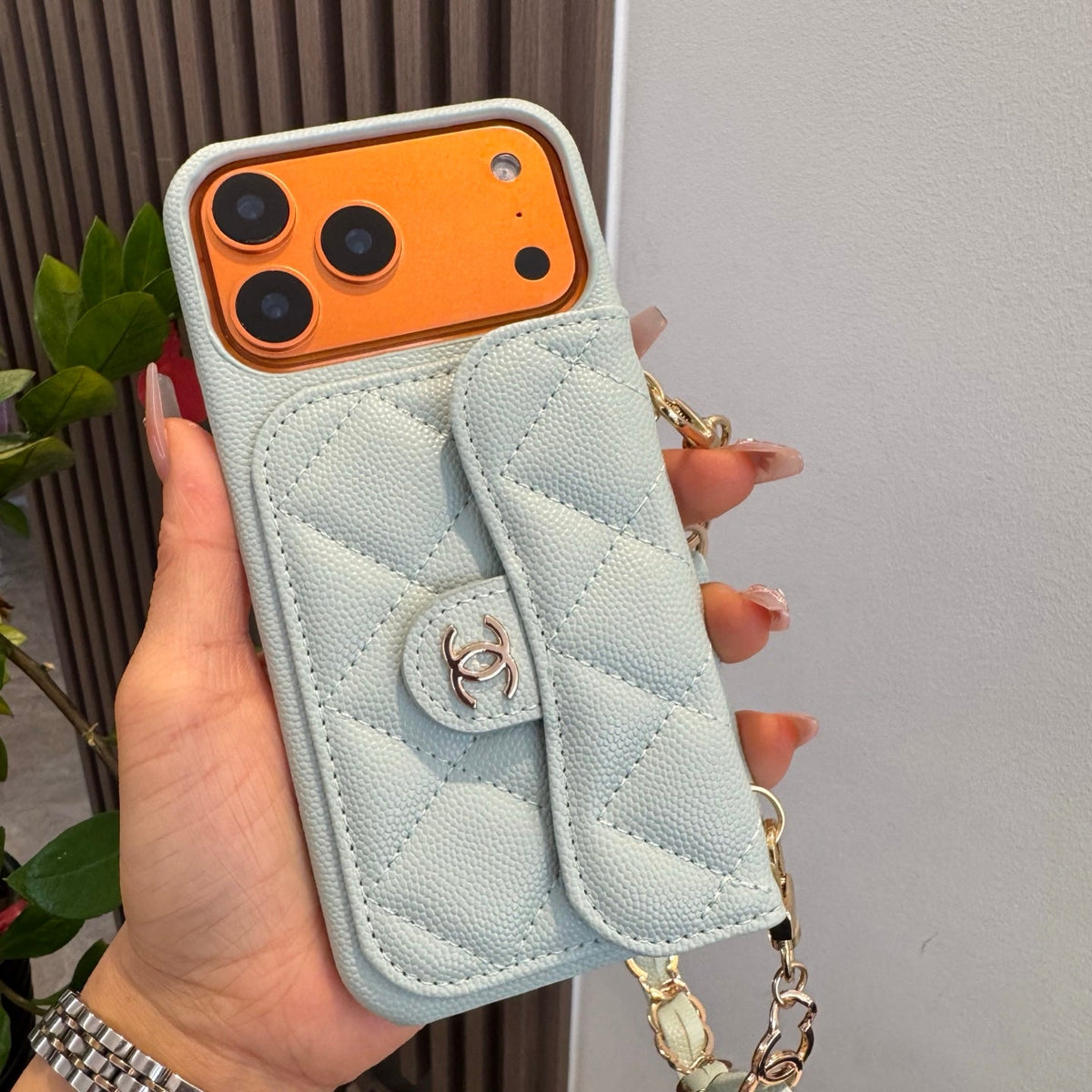 Light Blue Chanel Style Quilted Caviar Leather Card Slot Chain Strap Luxury Phone Case