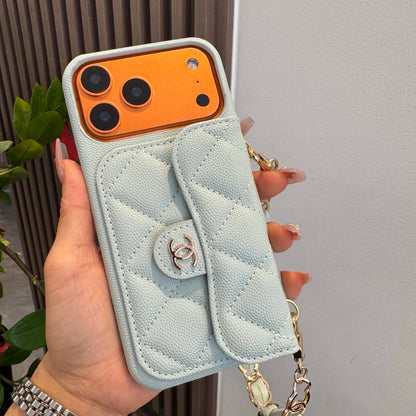Light Blue Chanel Style Quilted Caviar Leather Card Slot Chain Strap Luxury Phone Case