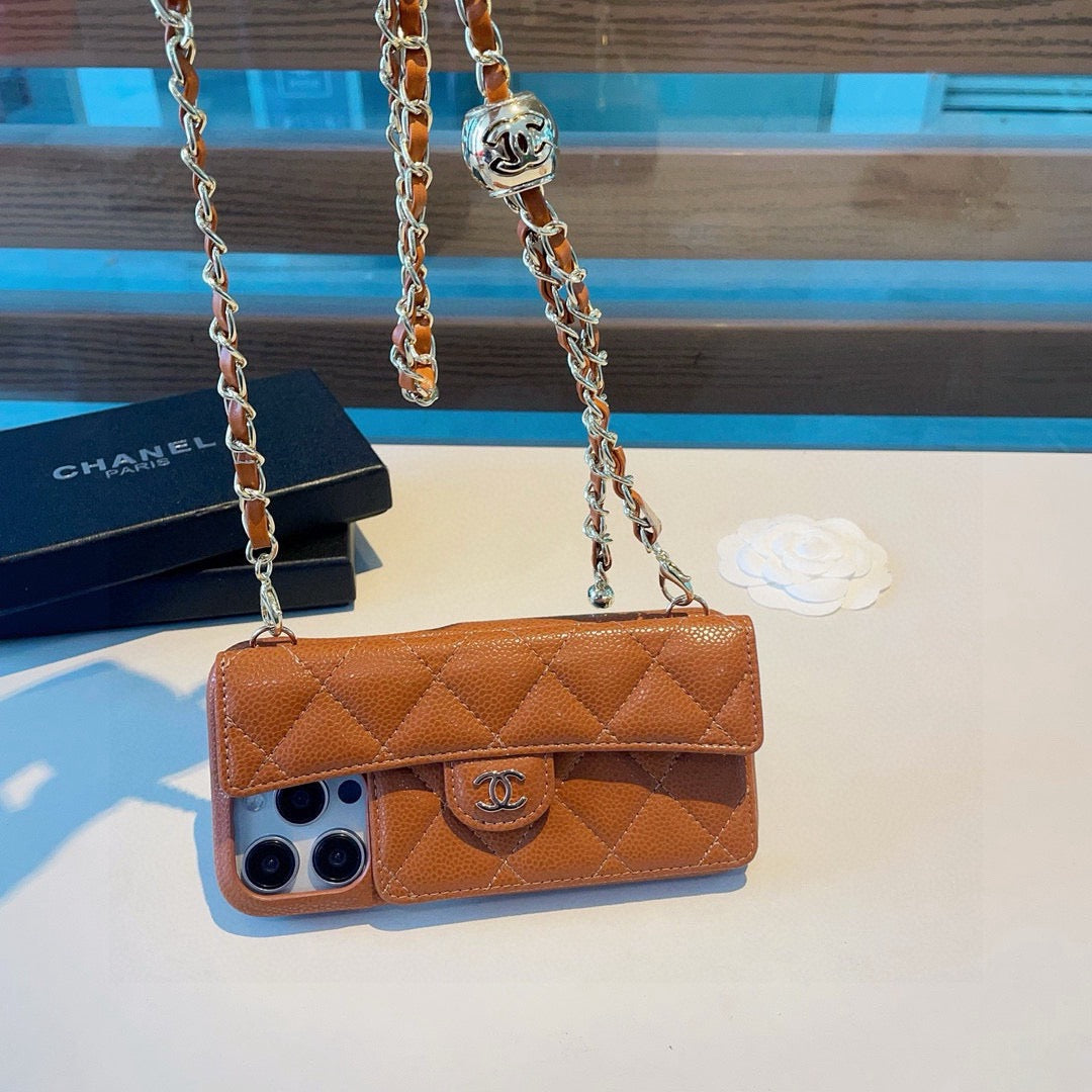 Chanel Style Quilted Leather Flip Card Holder Phone Case With Gold Chain Crossbody Strap