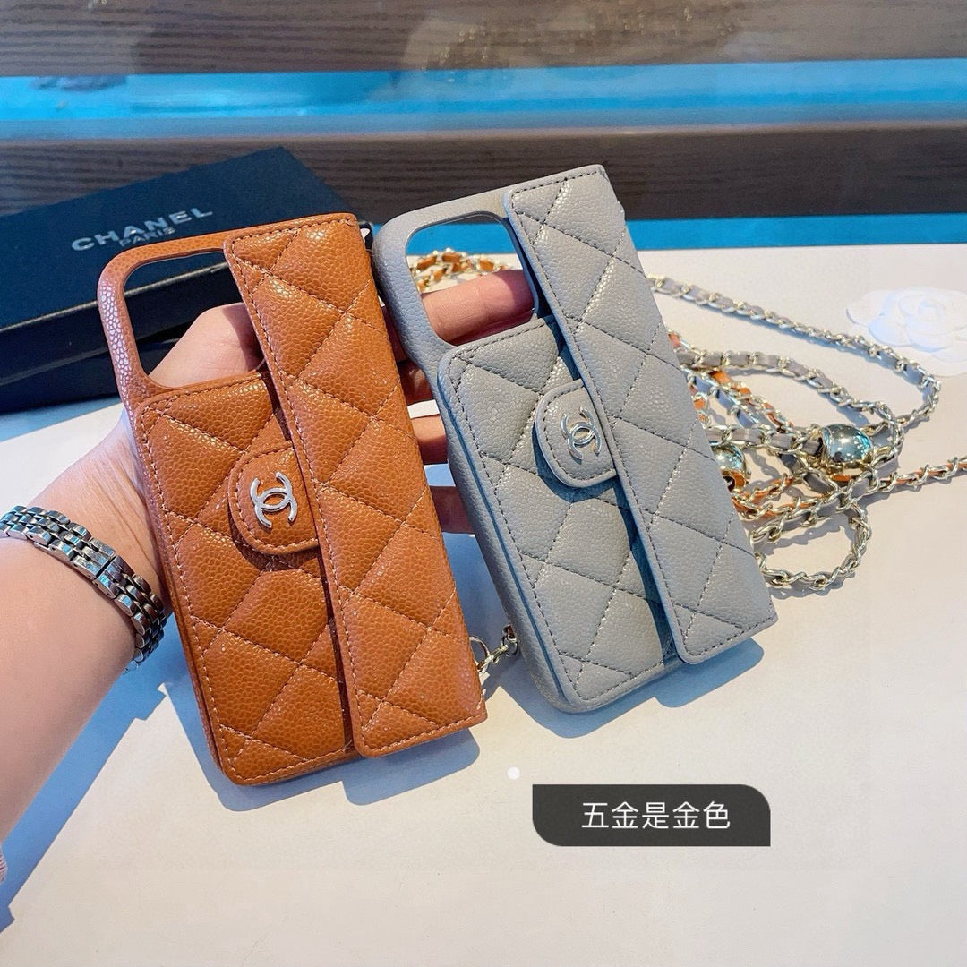 Chanel Style Quilted Leather Flip Card Holder Phone Case With Gold Chain Crossbody Strap