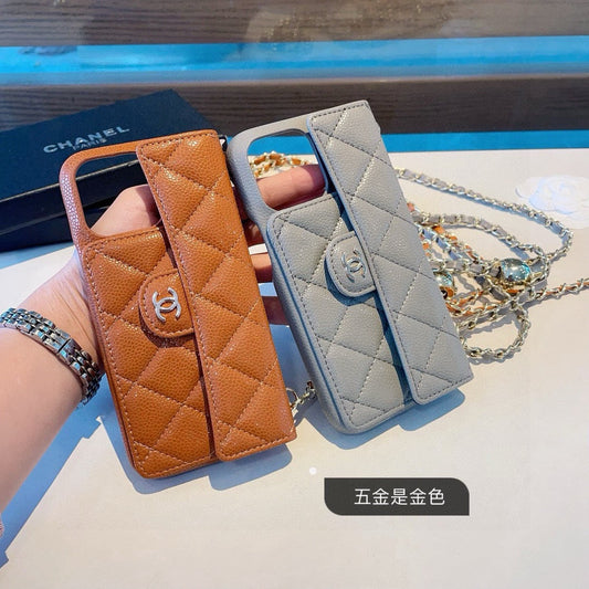 Chanel Style Quilted Leather Flip Card Holder Phone Case With Gold Chain Crossbody Strap