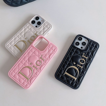 Dior Classic Quilted Leather 3D Gold Logo Luxury Shockproof Phone Case