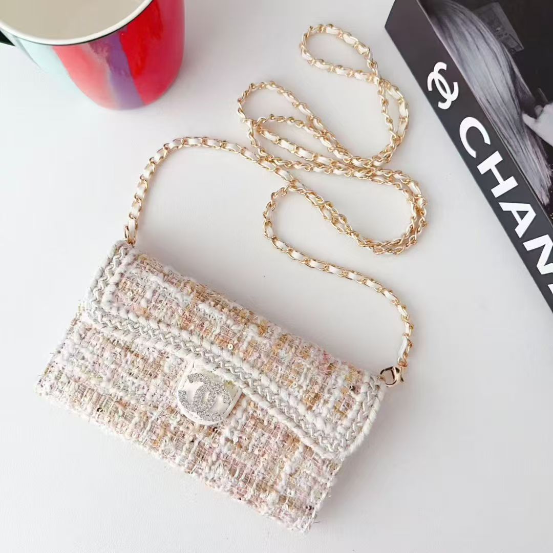 Chanel-Style Tweed Crossbody Phone Case Bag with Chain Strap