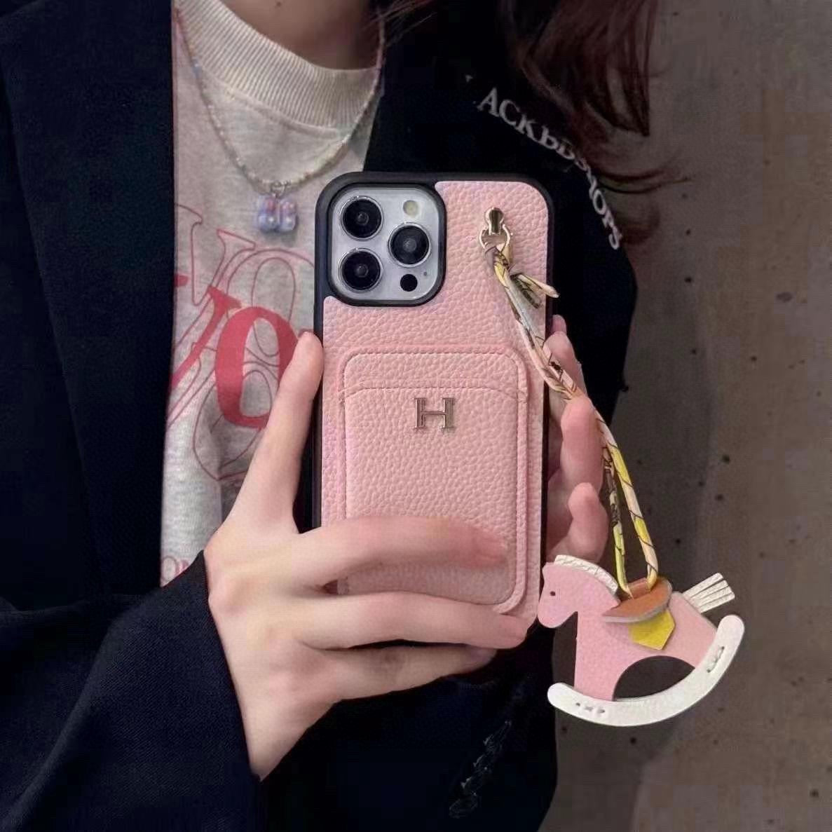 Hermès Style Luxury Leather Card Holder Phone Case | Wrist Strap & Horse Charm