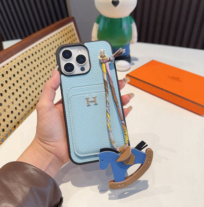 Hermès Style Luxury Leather Card Holder Phone Case | Wrist Strap & Horse Charm
