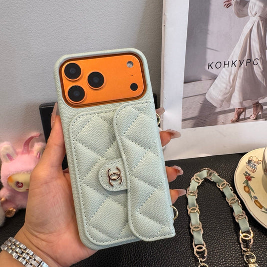 Light Blue Chanel Style Quilted Caviar Leather Card Slot Chain Strap Luxury Phone Case