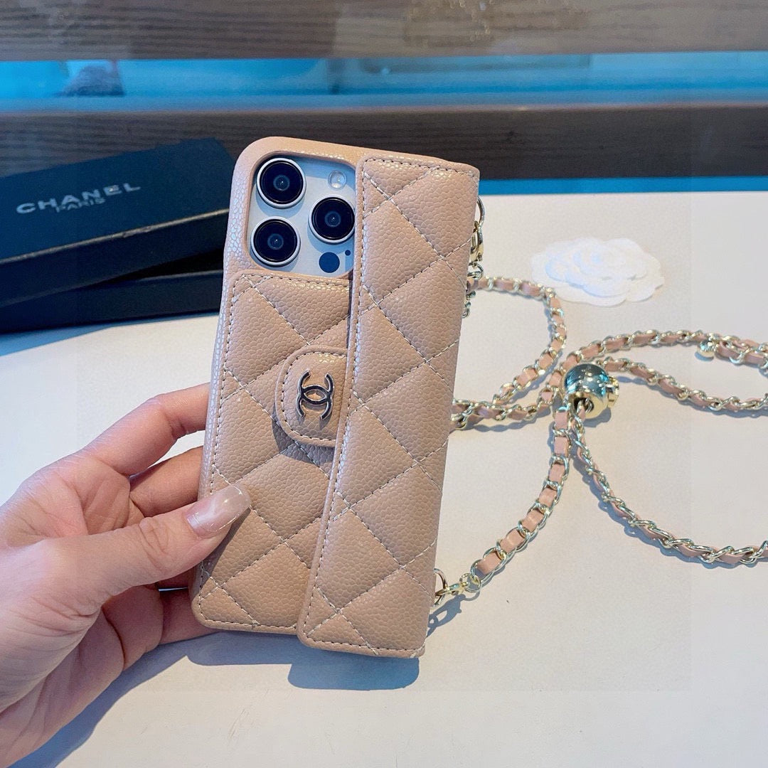 Chanel Style Quilted Leather Flip Card Holder Phone Case With Gold Chain Crossbody Strap
