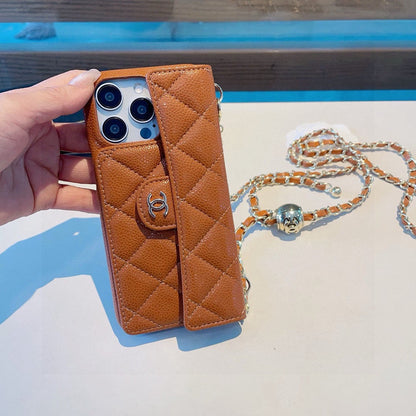 Chanel Style Quilted Leather Flip Card Holder Phone Case With Gold Chain Crossbody Strap