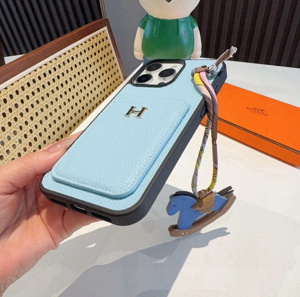 Hermès Style Luxury Leather Card Holder Phone Case | Wrist Strap & Horse Charm