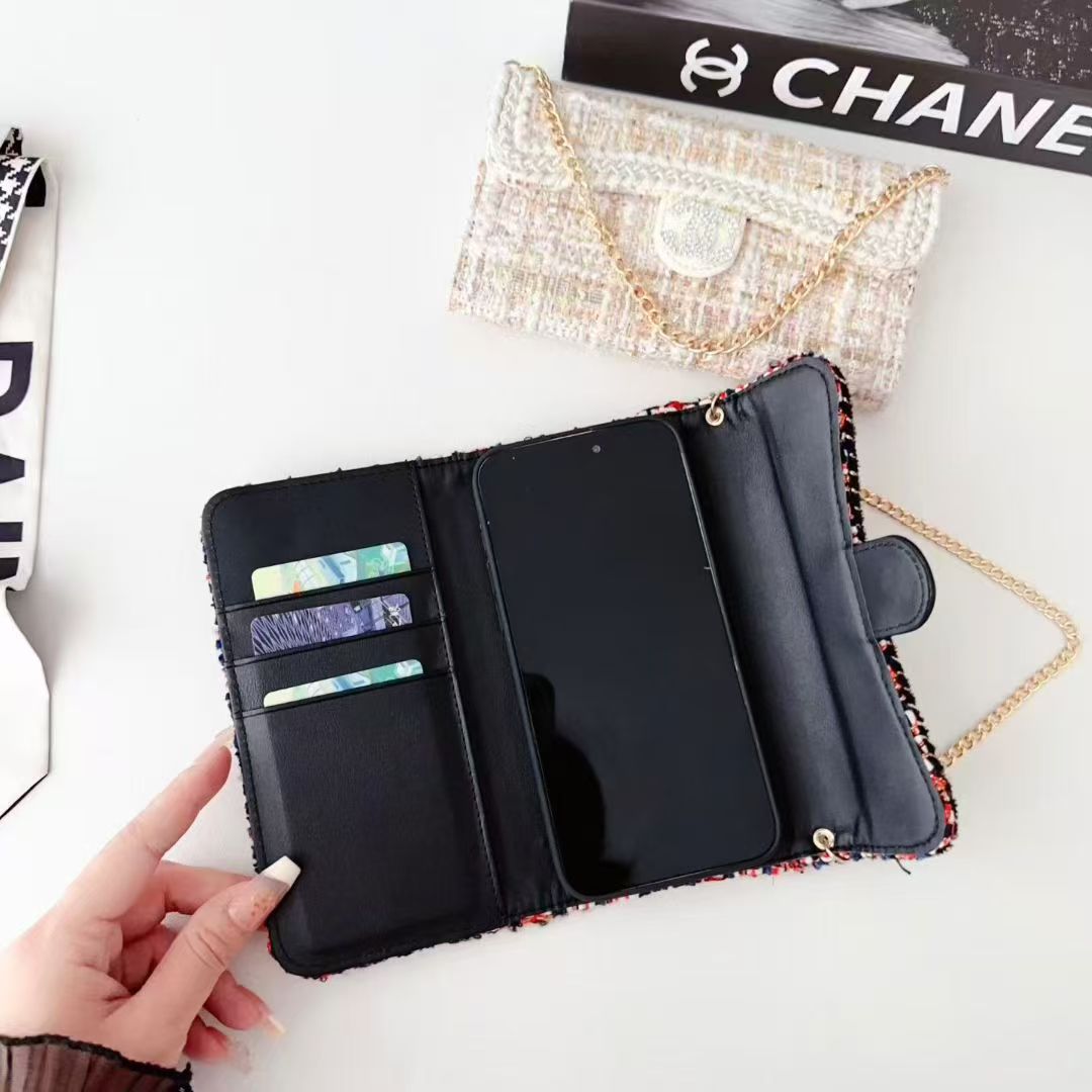 Chanel-Style Tweed Crossbody Phone Case Bag with Chain Strap