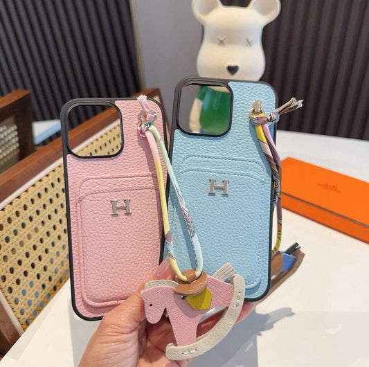 Hermès Style Luxury Leather Card Holder Phone Case | Wrist Strap & Horse Charm