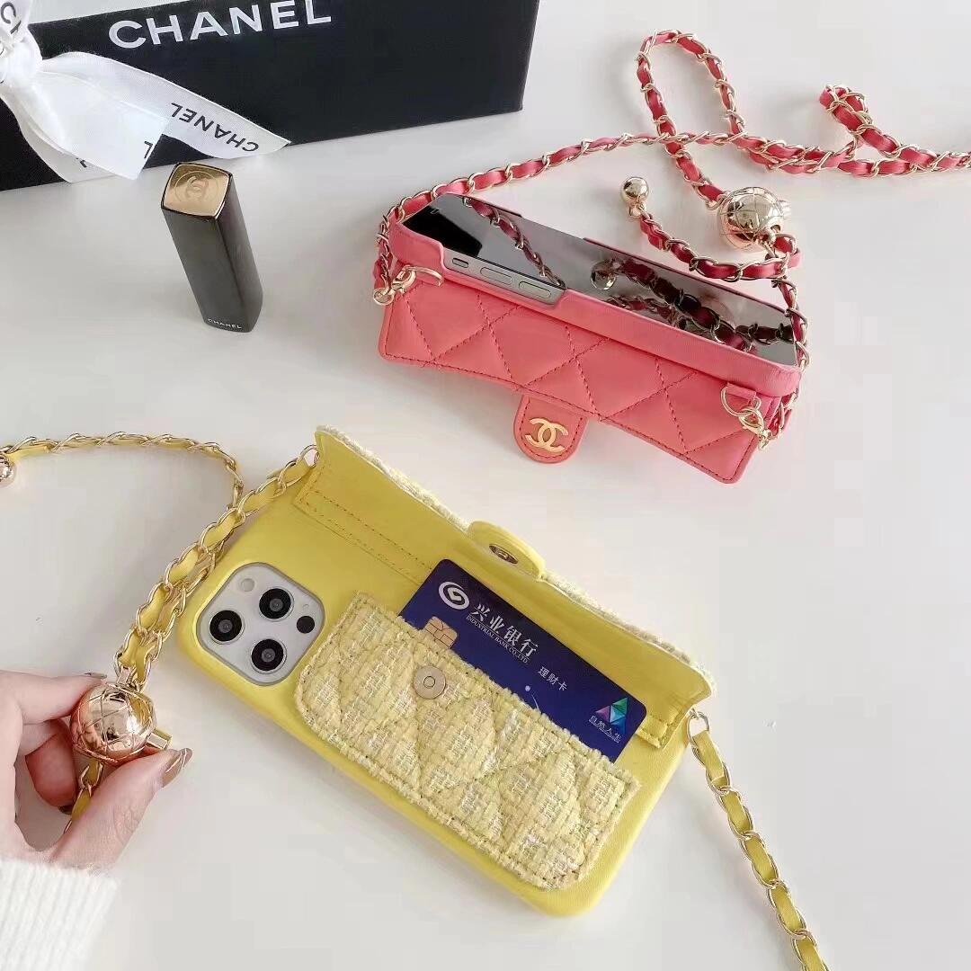 Chanel Style Quilted Wallet Phone Case With Adjustable Chain Crossbody Strap