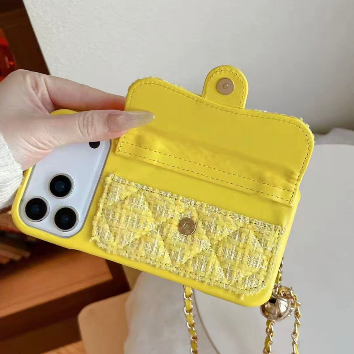 Chanel Style Quilted Wallet Phone Case With Adjustable Chain Crossbody Strap
