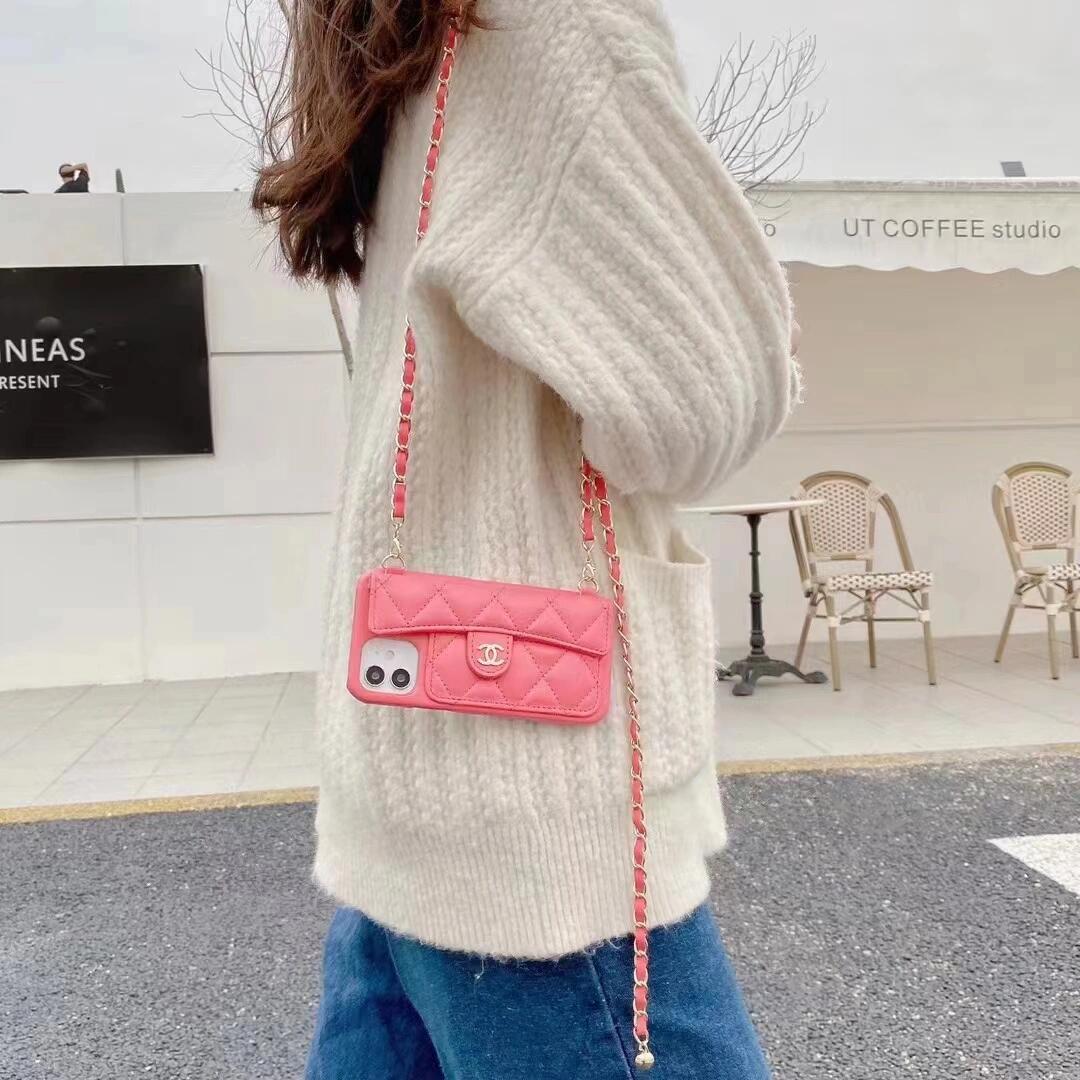 Chanel Style Quilted Wallet Phone Case With Adjustable Chain Crossbody Strap