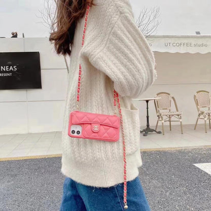 Chanel Style Quilted Wallet Phone Case With Adjustable Chain Crossbody Strap