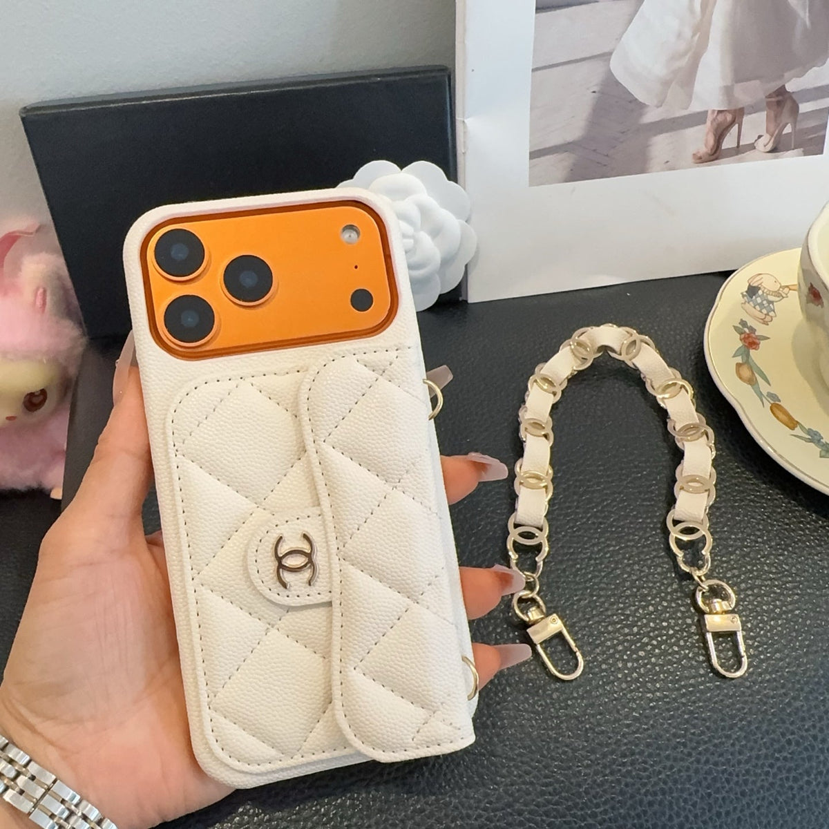 White Chanel Quilted Caviar Leather Card Holder Chain Luxury Phone Case