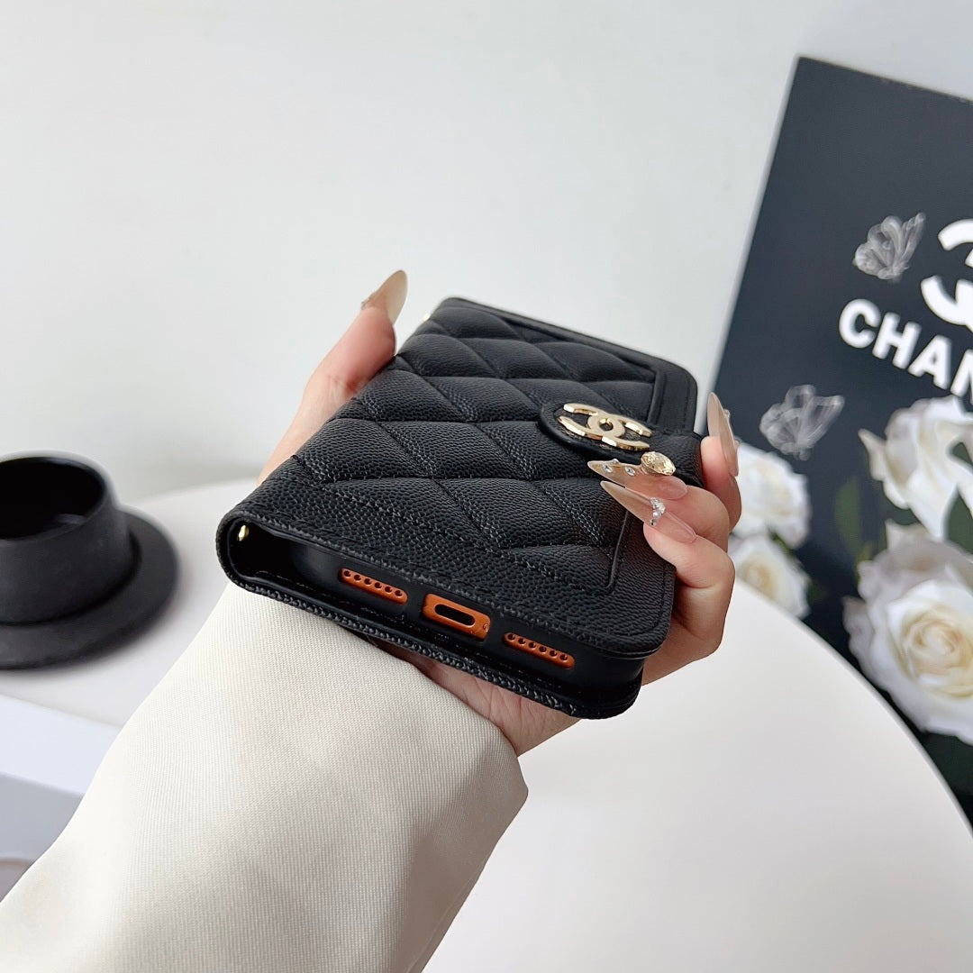 Chanel Style Diamond Quilted Leather Flip Wallet Phone Case with Wrist Strap