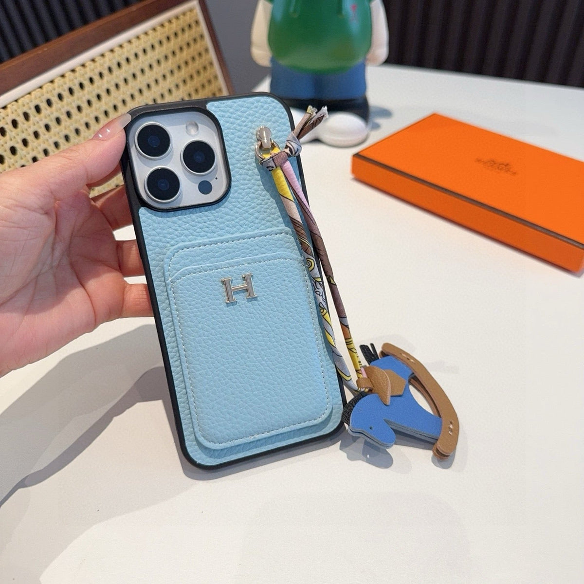 Hermès Style Luxury Leather Card Holder Phone Case | Wrist Strap & Horse Charm