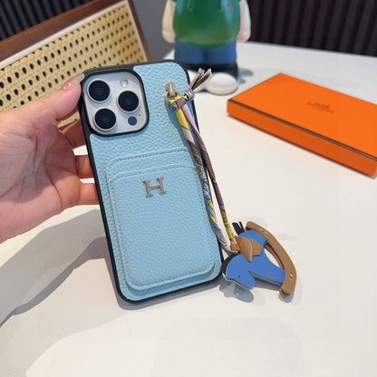 Hermès Style Luxury Leather Card Holder Phone Case | Wrist Strap & Horse Charm