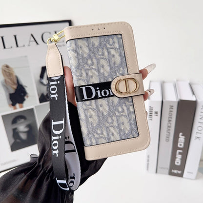 Dior Oblique Monogram Flip Wallet Phone Case With Brand Wrist Strap