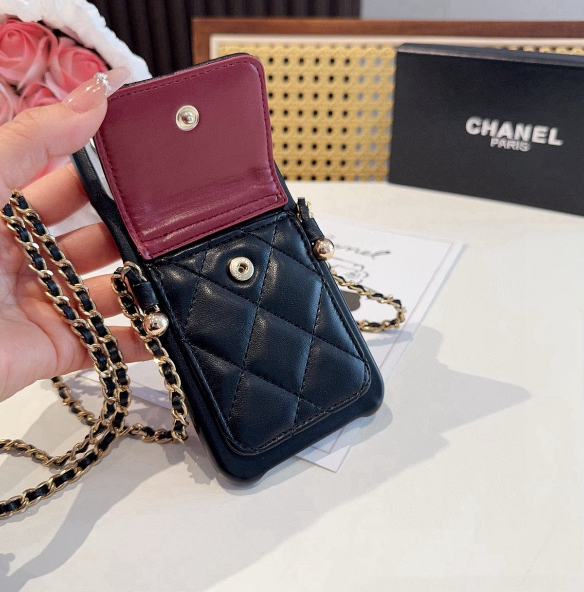 Chanel Style Quilted Leather Phone Case with Crossbody Chain & Card Pocket