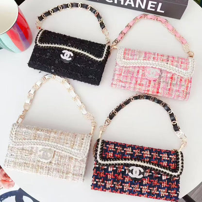 Chanel-Style Tweed Crossbody Phone Case Bag with Chain Strap