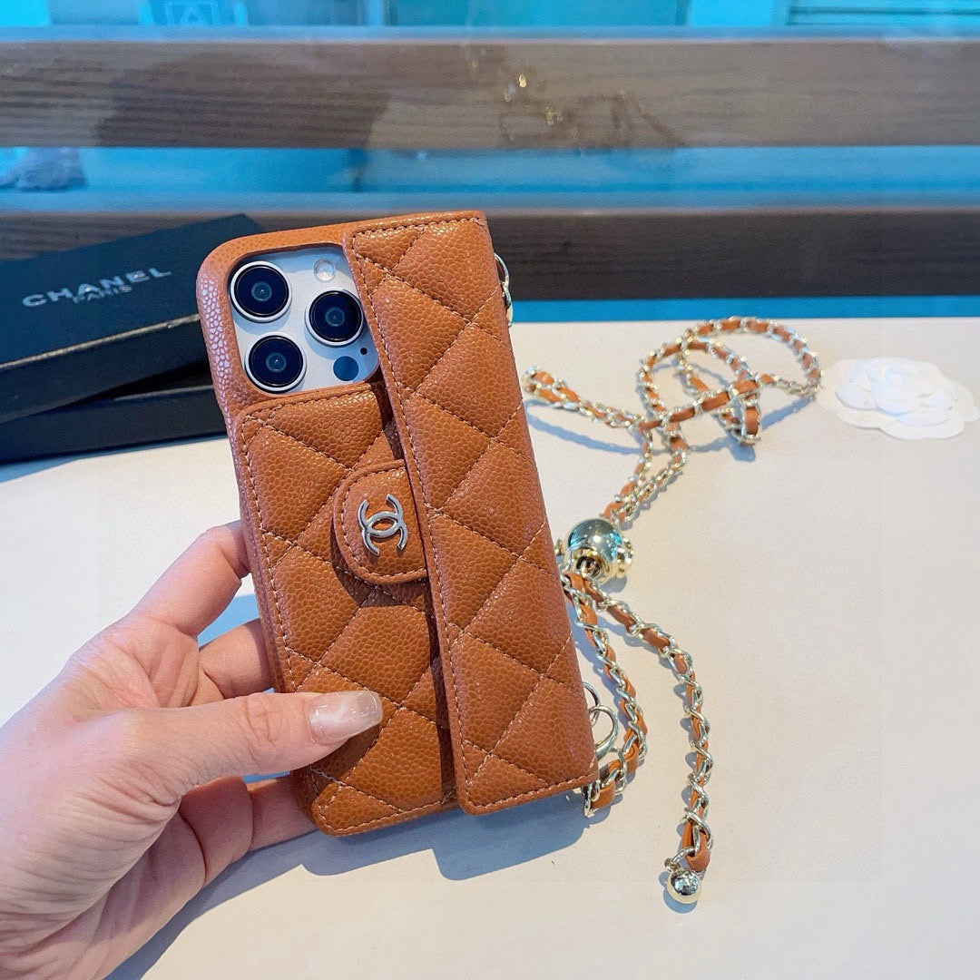 Chanel Style Quilted Leather Flip Card Holder Phone Case With Gold Chain Crossbody Strap