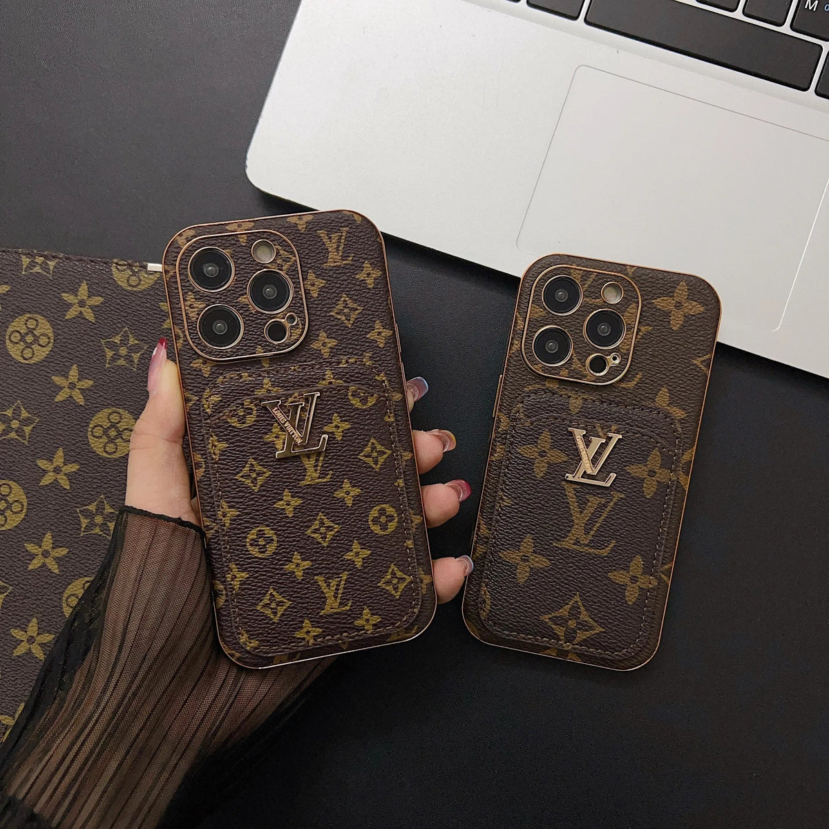Винтидж кожен калъф тип портфейл за iPhone с монограм L и отделение за карти