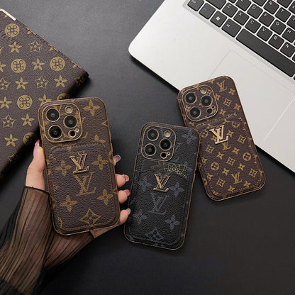 Винтидж кожен калъф тип портфейл за iPhone с монограм L и отделение за карти