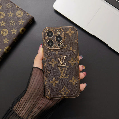 Винтидж кожен калъф тип портфейл за iPhone с монограм L и отделение за карти