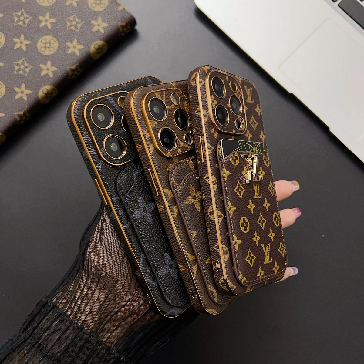 Винтидж кожен калъф тип портфейл за iPhone с монограм L и отделение за карти