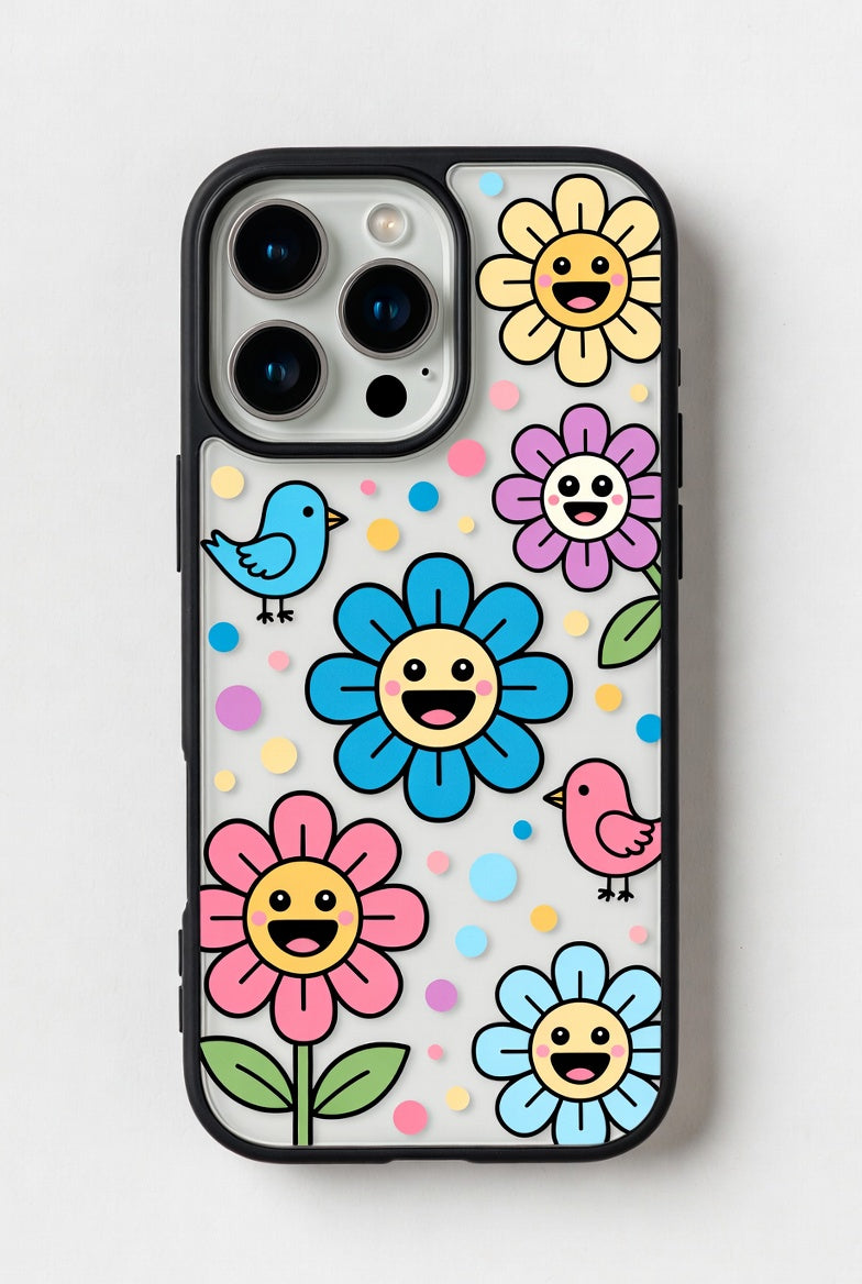 The Happy Garden: Whimsical Smiling Flowers & Birds Phone Case – Cute Floral Art