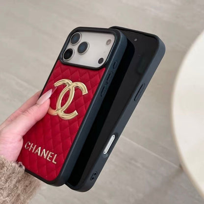 Chanel Classic Quilted Leather 3D Gold Logo Luxury Phone Case