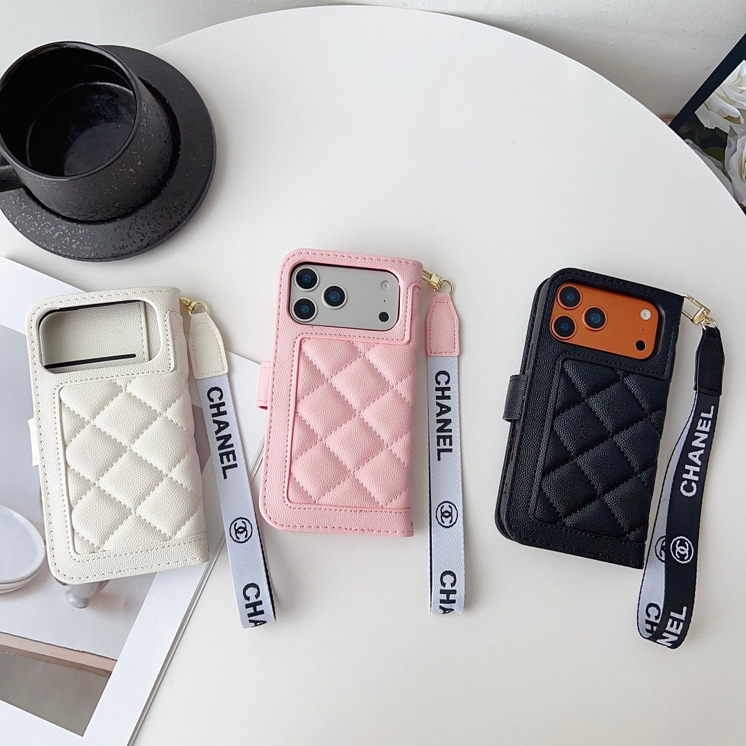 Chanel Style Diamond Quilted Leather Flip Wallet Phone Case with Wrist Strap