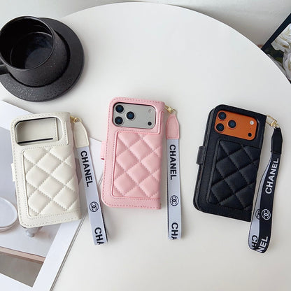 Chanel Style Diamond Quilted Leather Flip Wallet Phone Case with Wrist Strap
