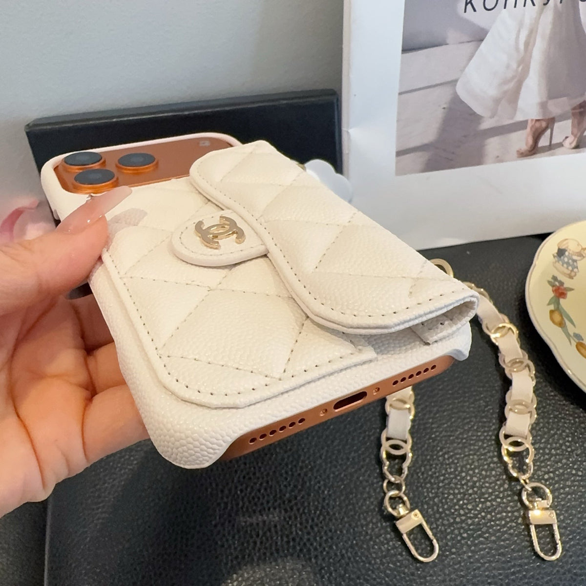 White Chanel Quilted Caviar Leather Card Holder Chain Luxury Phone Case