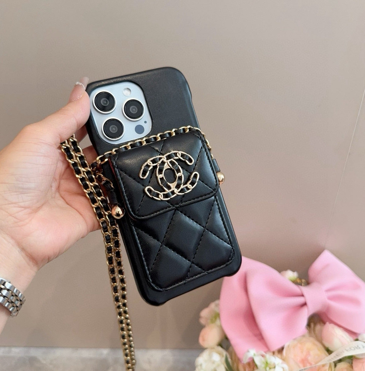 Chanel Style Quilted Leather Phone Case with Crossbody Chain & Card Pocket