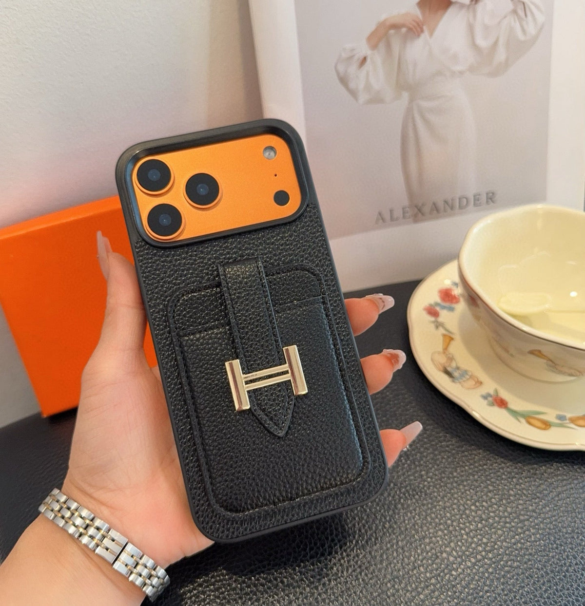 Hermès-Style Leather Card Holder Phone Case with H Buckle & Shockproof Bumper