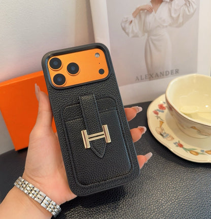 Hermès-Style Leather Card Holder Phone Case with H Buckle & Shockproof Bumper