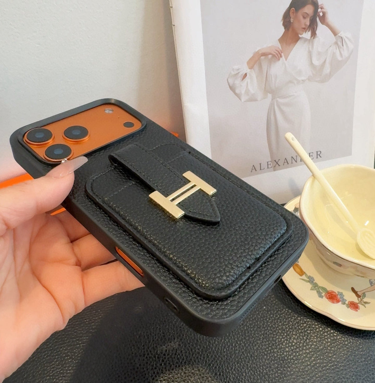 Hermès-Style Leather Card Holder Phone Case with H Buckle & Shockproof Bumper