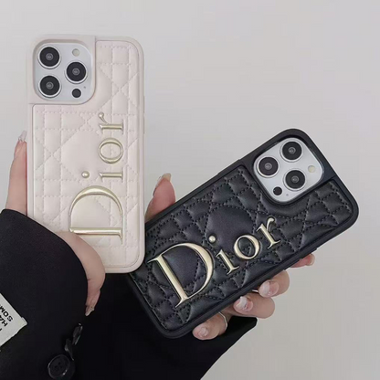 Dior Classic Quilted Leather 3D Gold Logo Luxury Shockproof Phone Case