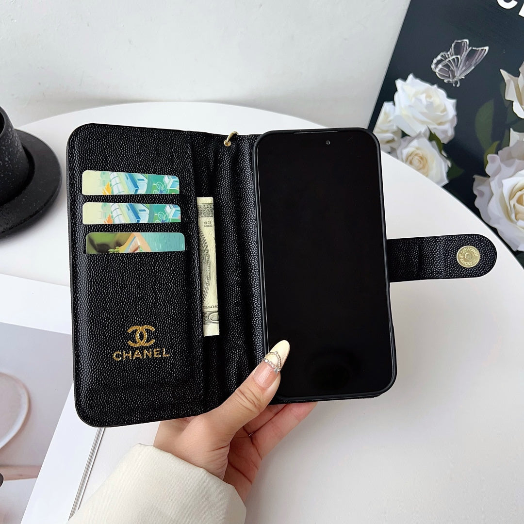 Chanel Style Diamond Quilted Leather Flip Wallet Phone Case with Wrist Strap