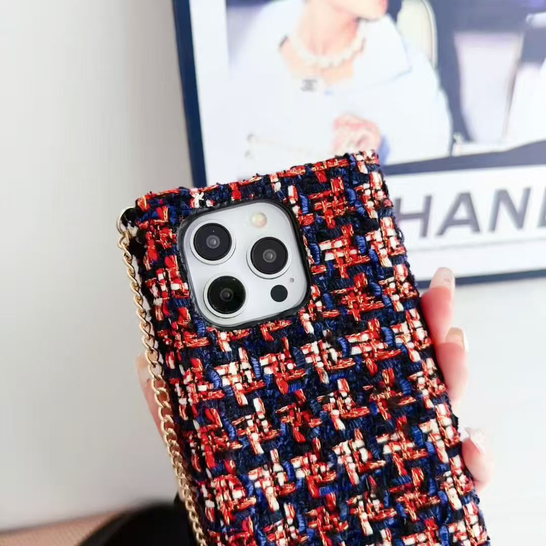 Chanel-Style Tweed Crossbody Phone Case Bag with Chain Strap